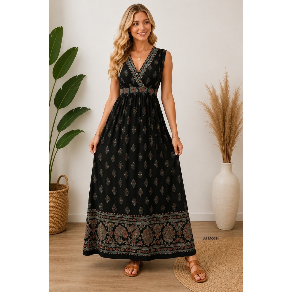 Boho Paisley Border Print Maxi Dress Large Empire Waist Festival Sleeveless